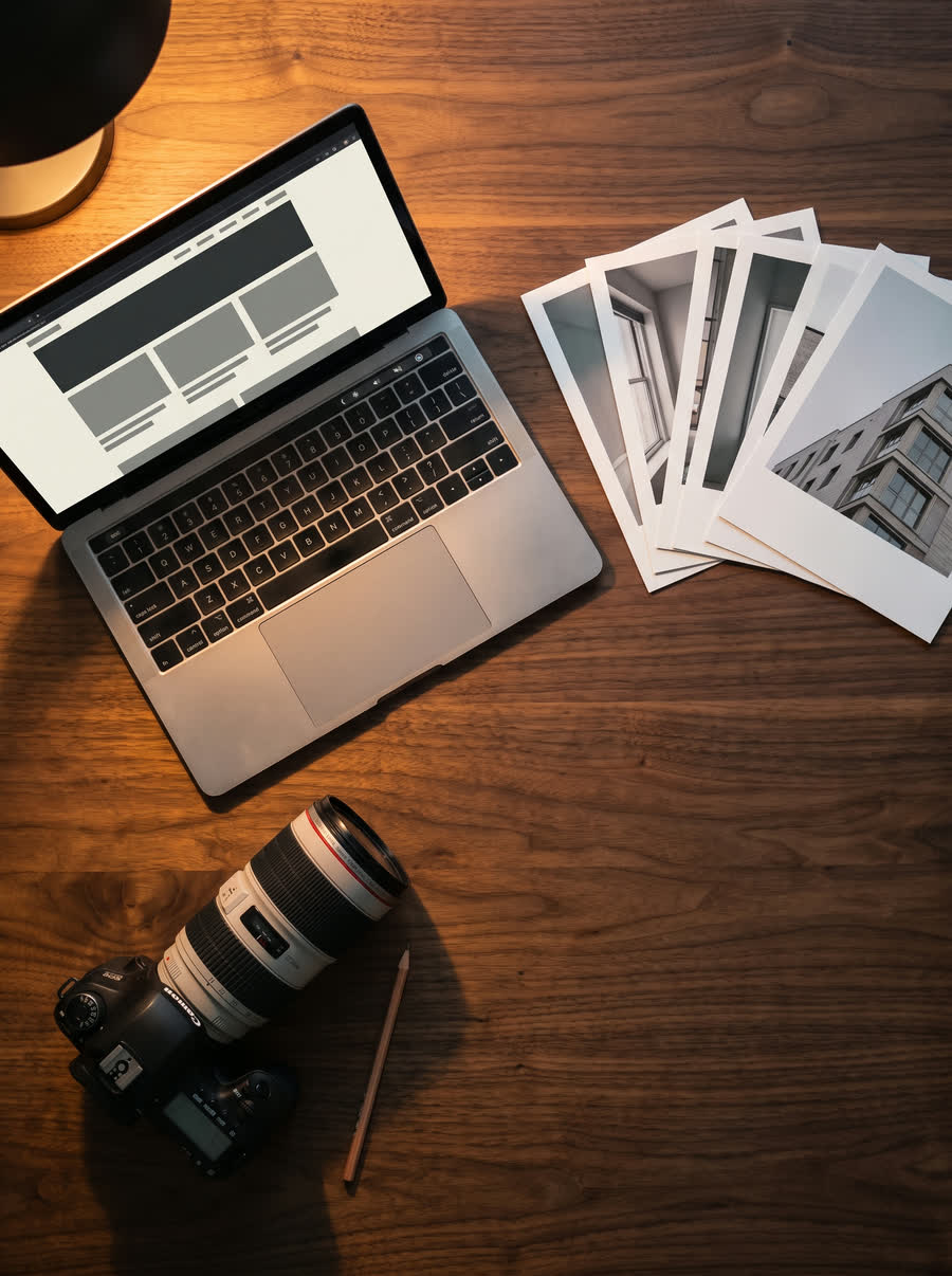 A desk arranged with a laptop showing a website layout, a fanned stack of printed architectural photographs, a camera with a telephoto lens and a pencil.