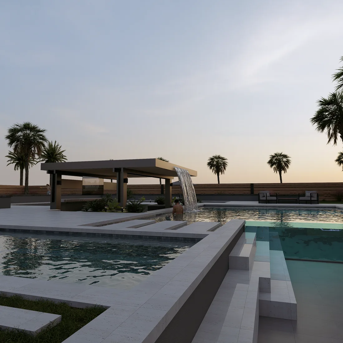 A swimming pool and spa beside a flat-roofed cabana, palm trees along the far wall at dusk.
