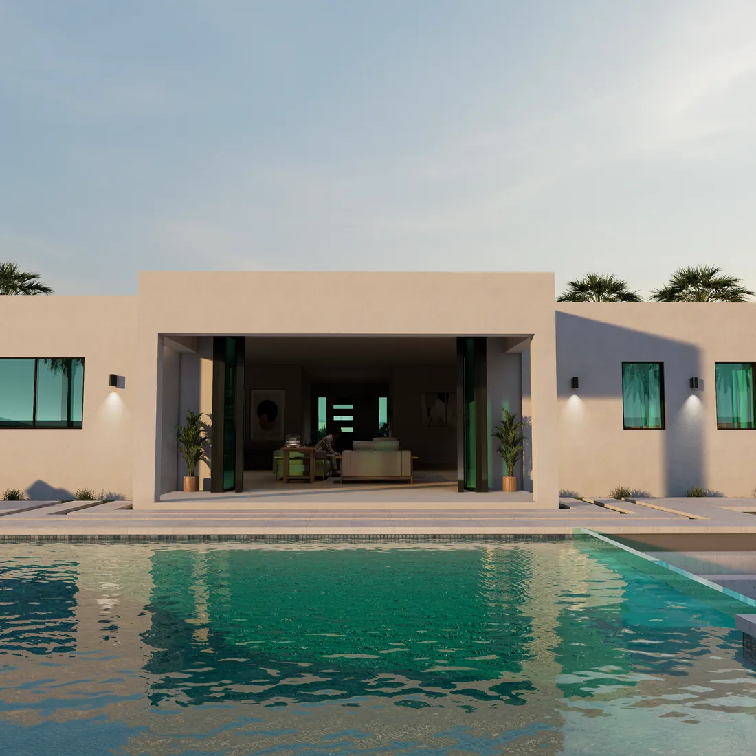 The rear elevation of a single-storey stucco house seen across a turquoise pool.