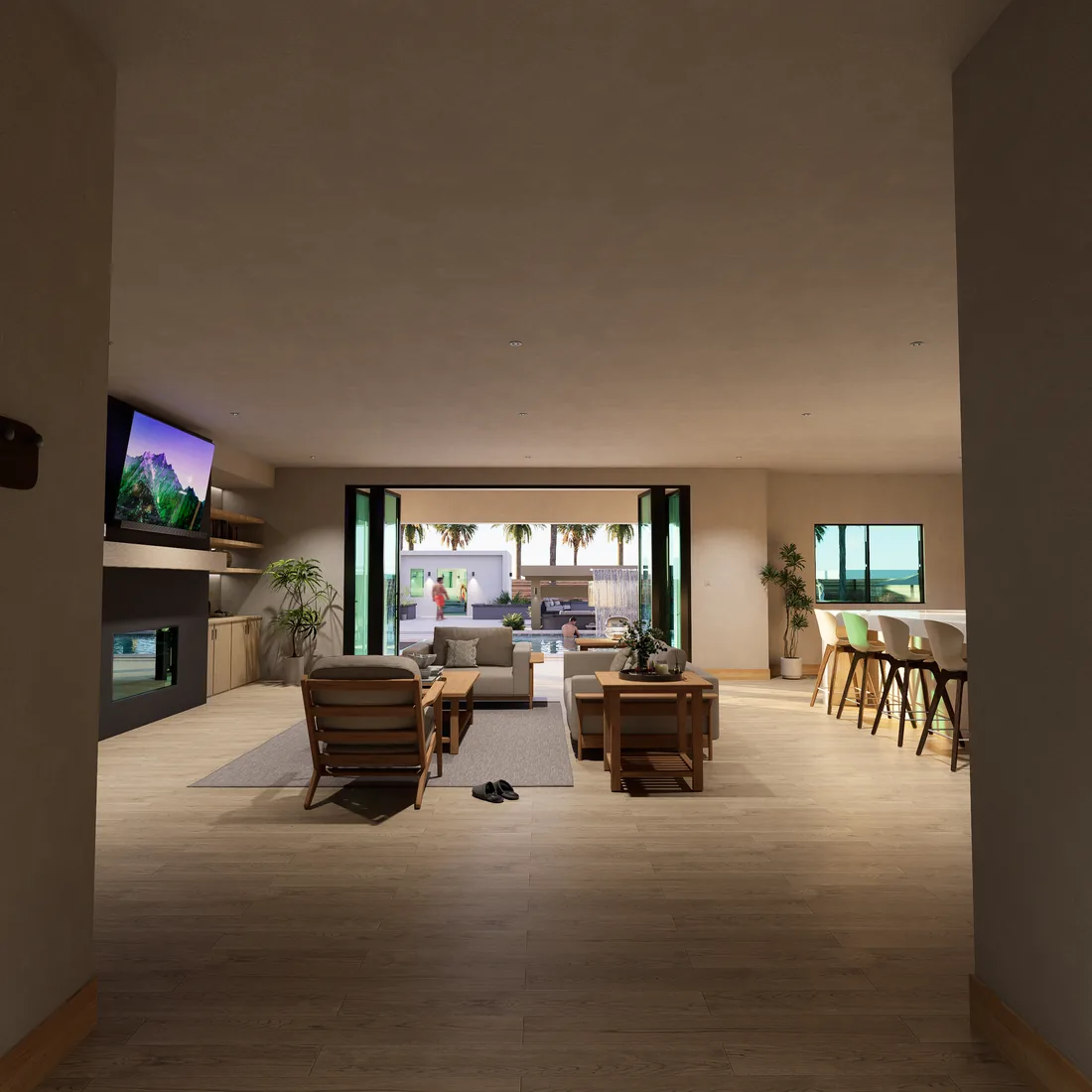 An open-plan living room looking out through full-height glass to a shaded terrace.