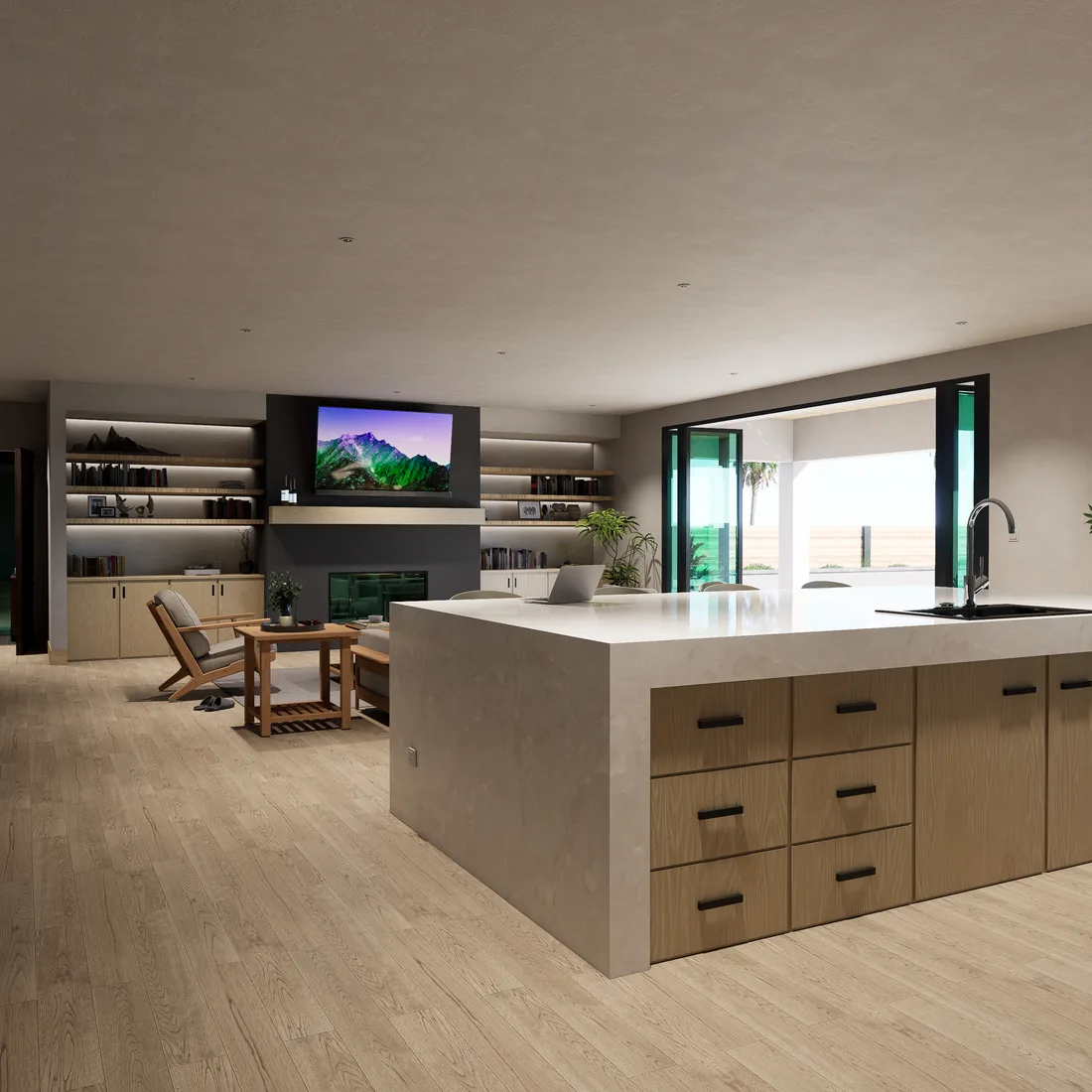 A kitchen with a long stone island, timber cabinetry and open shelving.