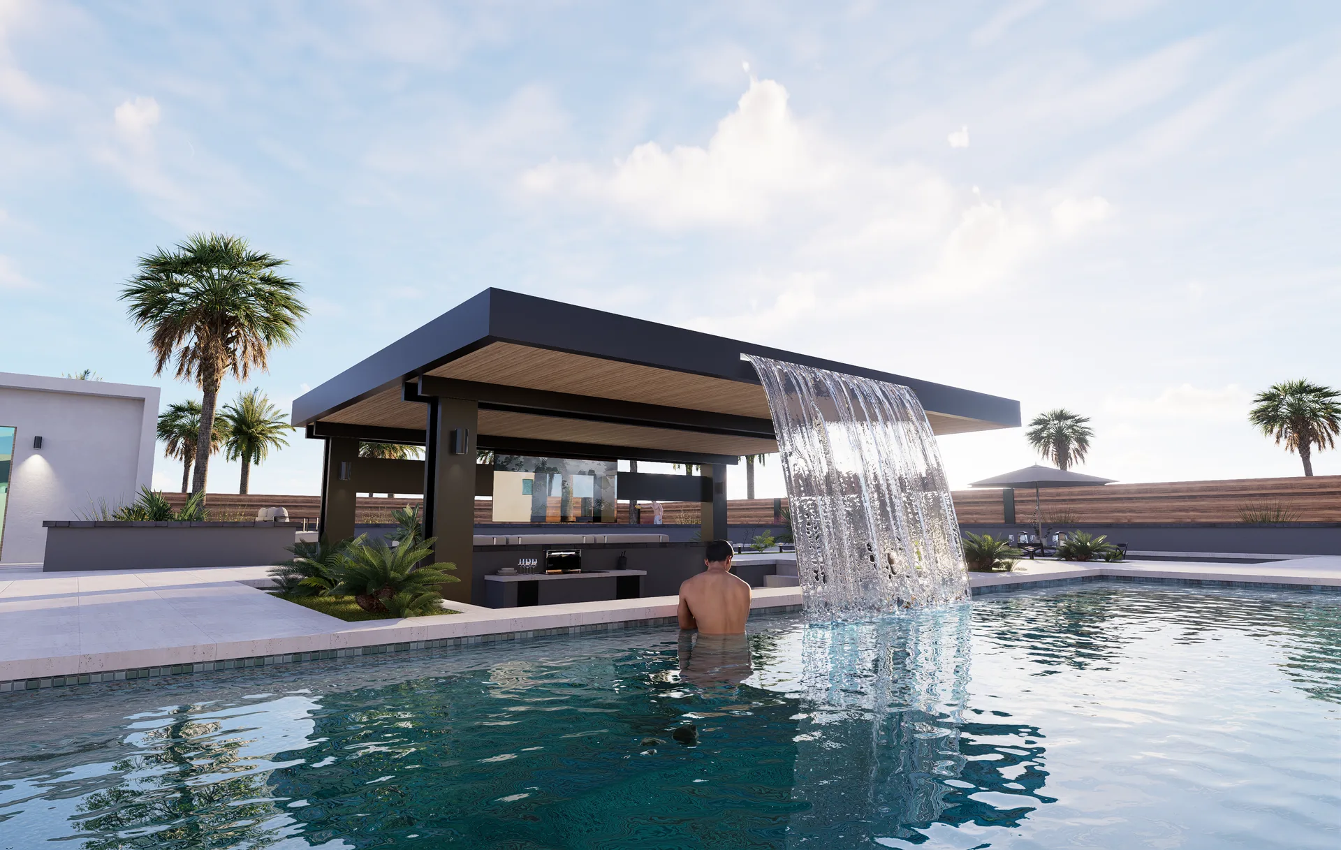 A sheet waterfall spilling from a cabana roof into a swimming pool.