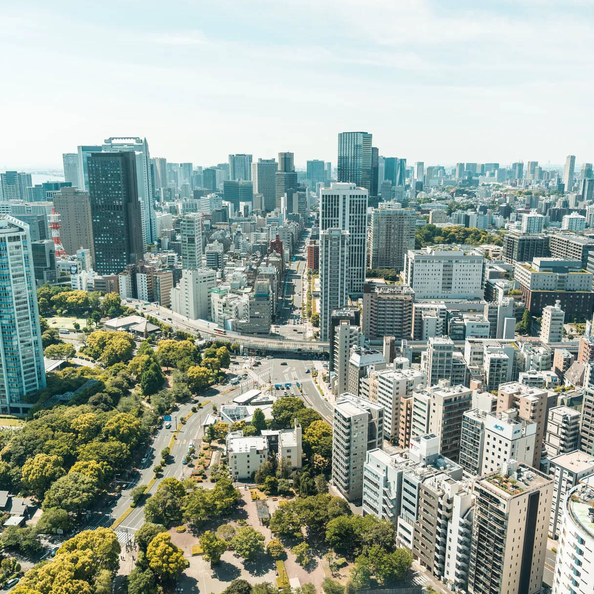 An aerial view over a dense city, tower blocks and a green park below a hazy skyline.