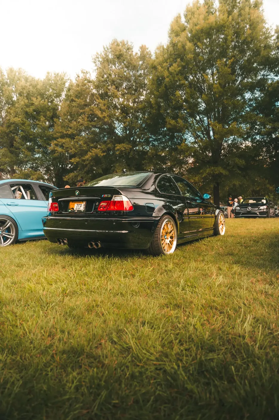 A black BMW M3 coupe on gold wheels, parked on the grass at an outdoor car show.