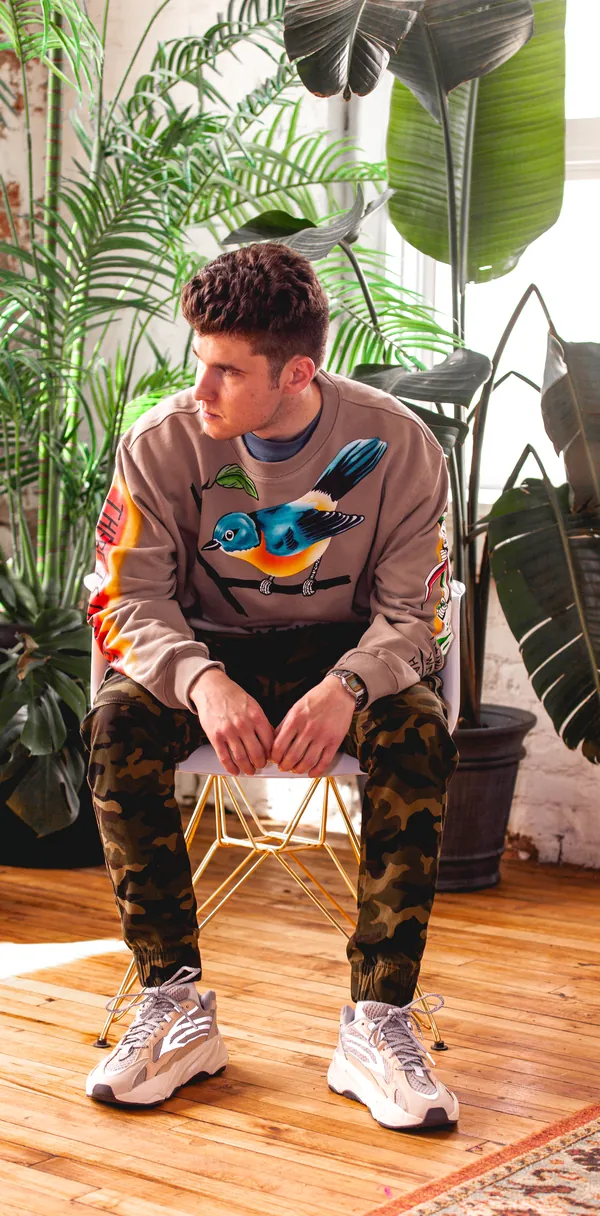 A man seated among large houseplants in a bright room.