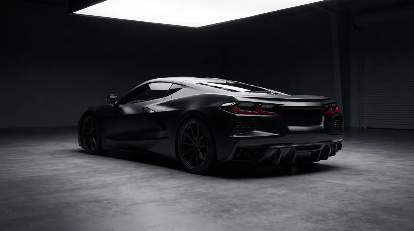 A matte black mid-engine sports car with a carbon rear diffuser, lit by a single overhead softbox in a dark studio.