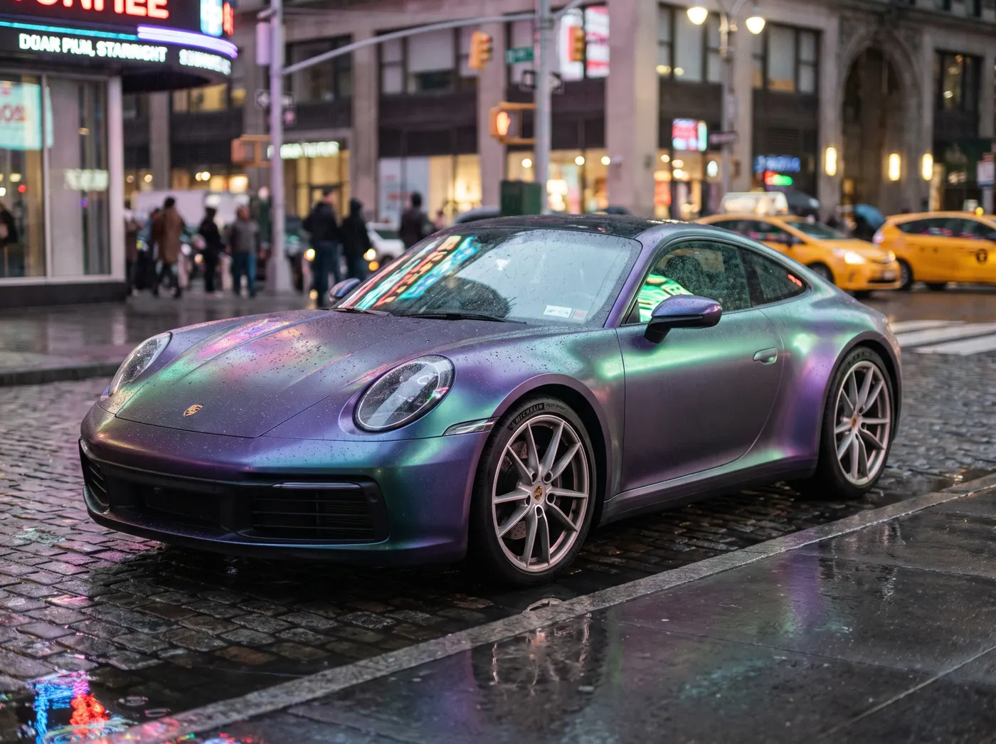 A Porsche 911 in color-shift vinyl reading purple and teal, on a wet city street at dusk.