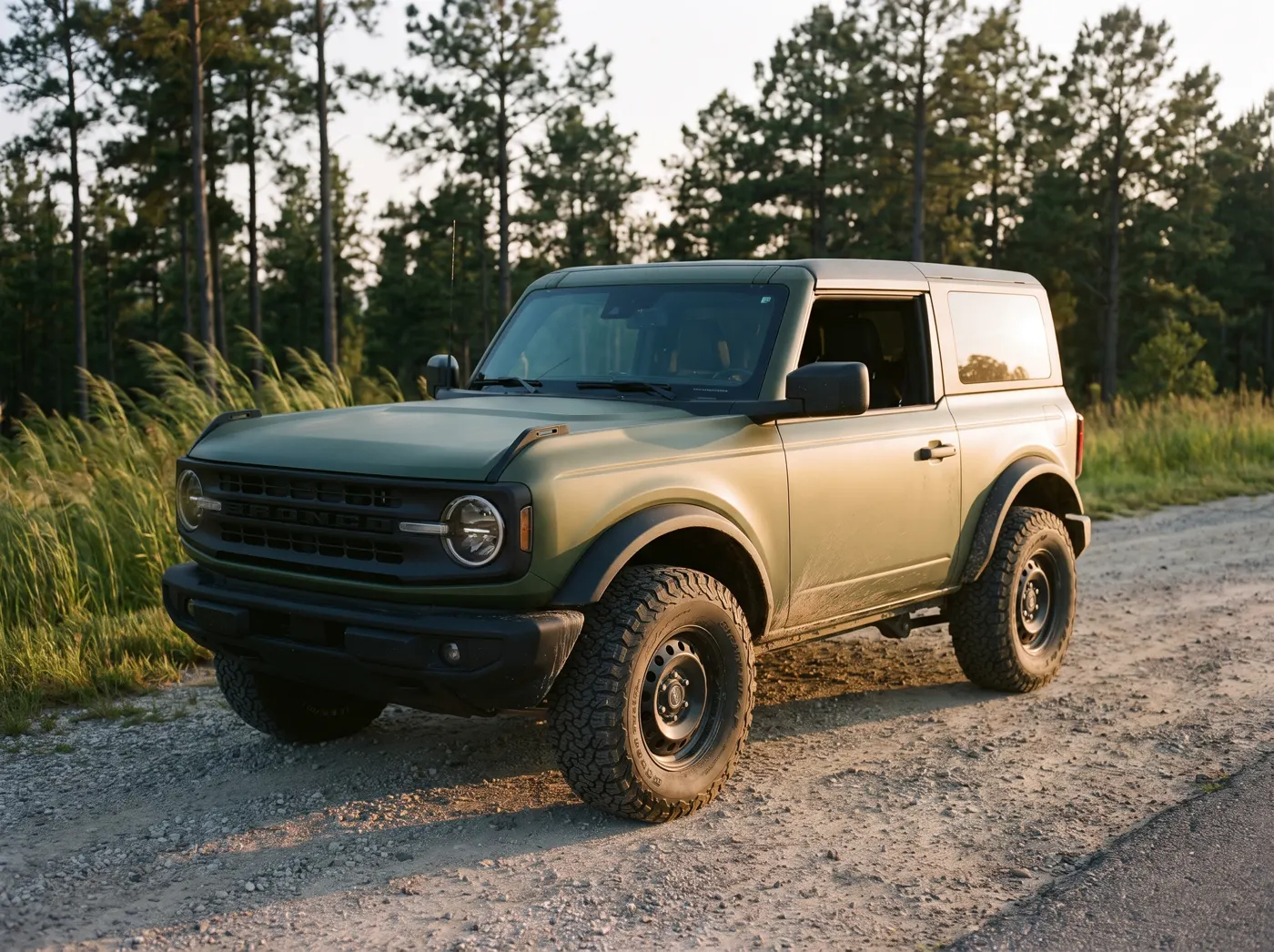 A Ford Bronco wrapped in flat olive-green vinyl, parked on gravel at golden hour.