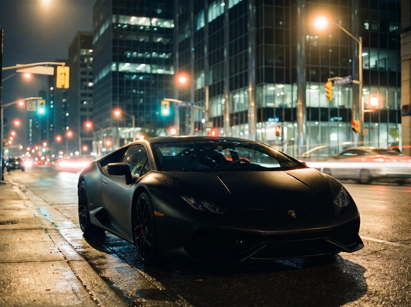 A Lamborghini Huracan in matte black vinyl on a wet downtown street at night.