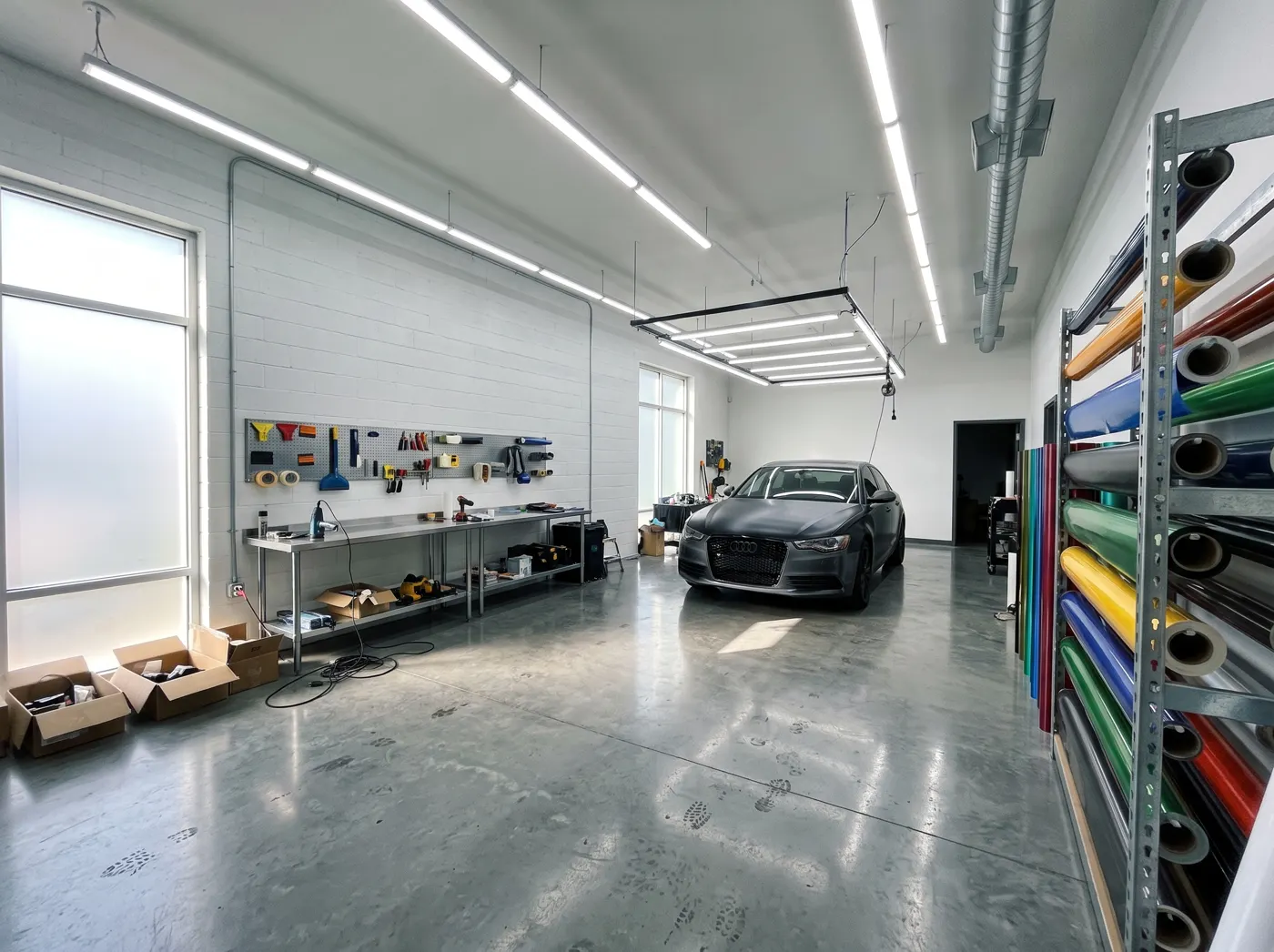 The interior of the wrap shop: sealed concrete floor, overhead LED strip lighting, a rack of vinyl film rolls and a car in the centre bay.