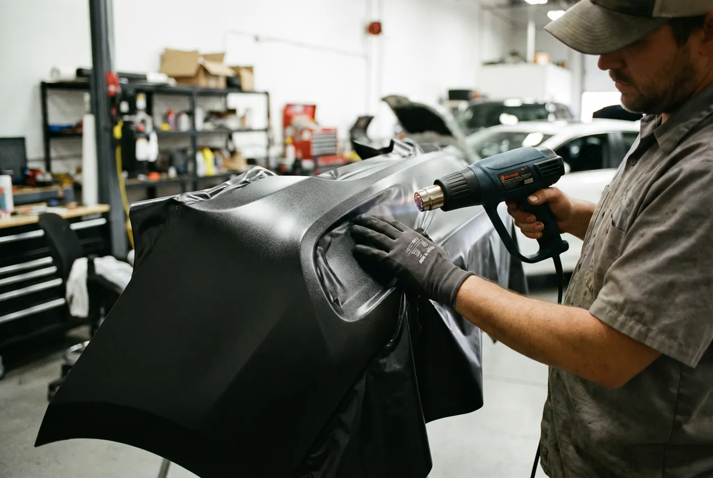 An installer using a heat gun and a gloved thumb to conform vinyl film around a rear bumper corner.