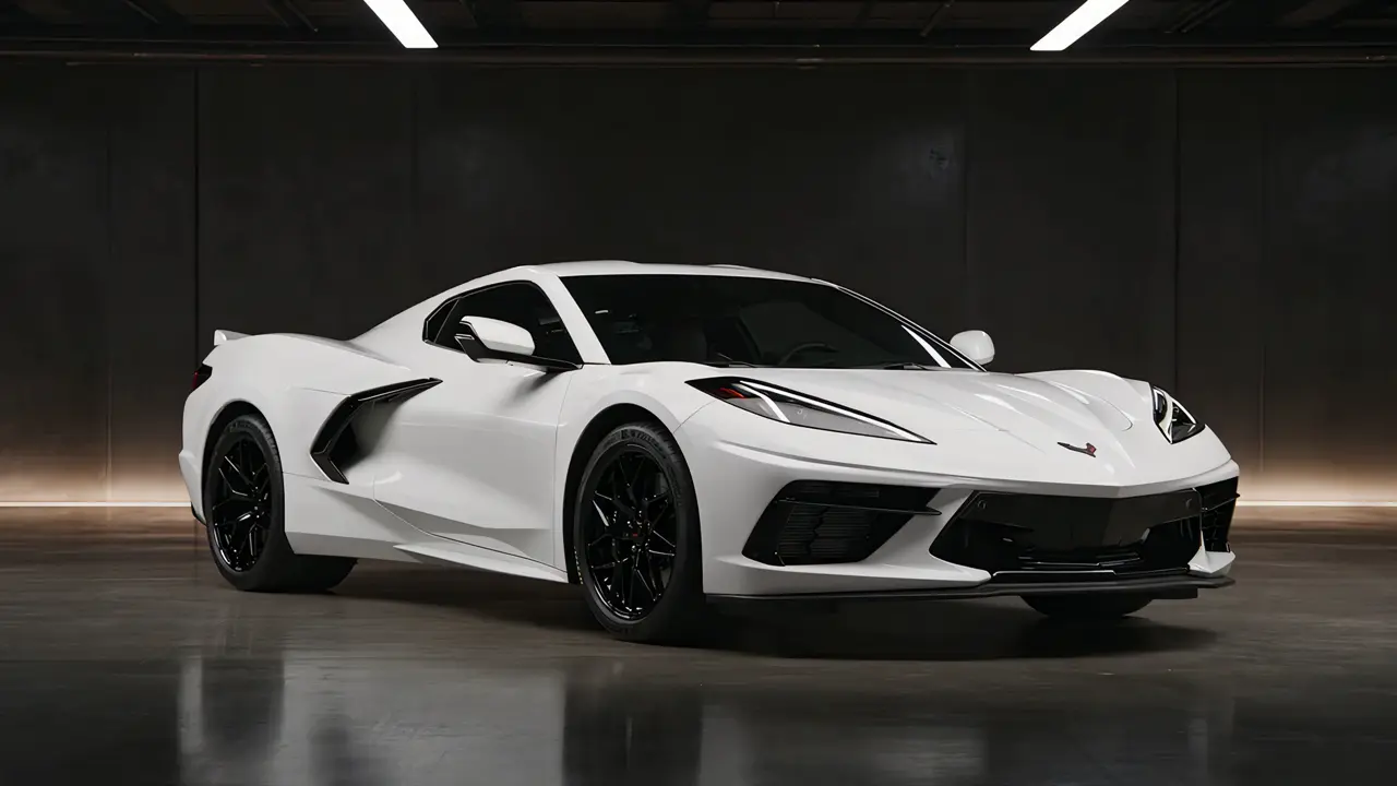 A white mid-engine sports car in a dark studio, before wrapping.