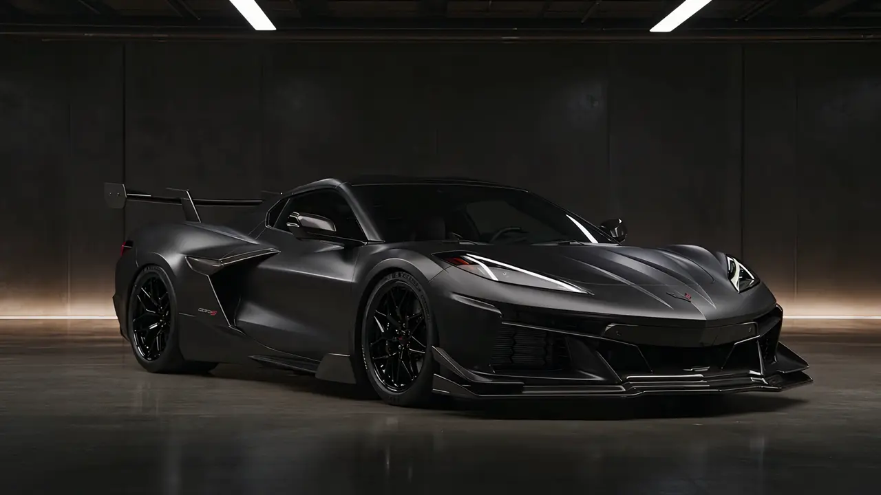 The same car finished in matte black with a front lip, side skirts and rear diffuser.