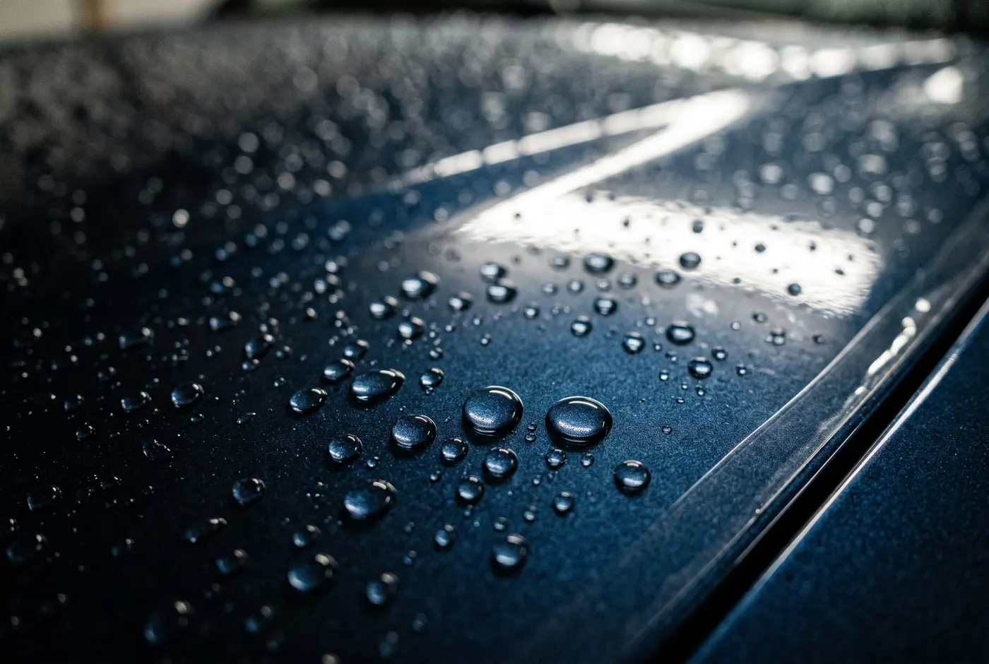 Macro view of water beading on a hood finished in clear paint protection film.