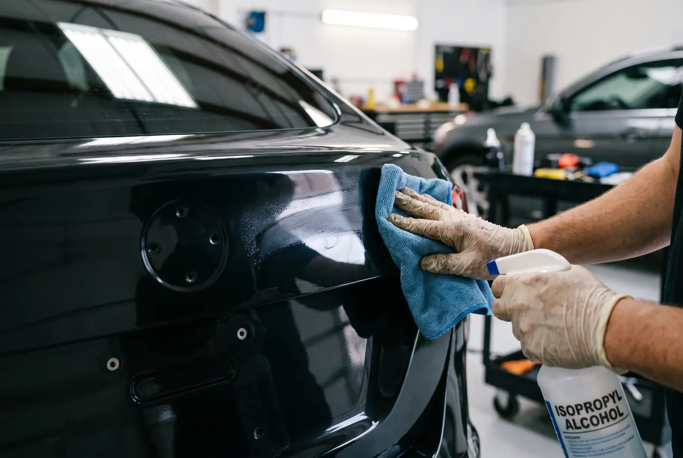 Gloved hands wiping a black car panel with a microfibre cloth and isopropyl alcohol, the badge already removed and its mounting holes visible.