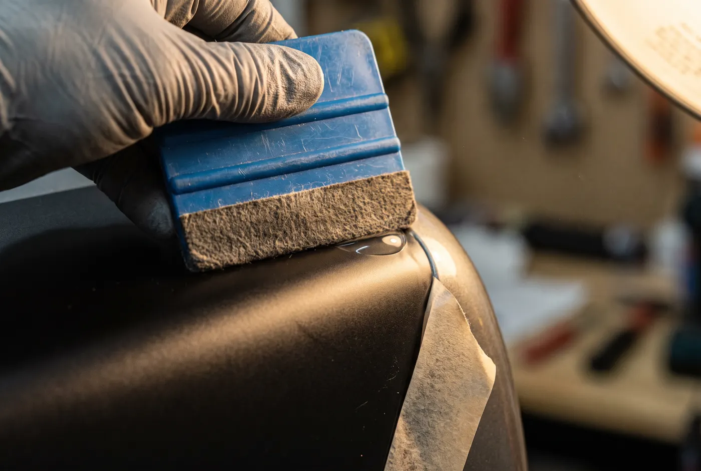 Macro view of a felt-edged squeegee pressing dark vinyl film around a fender's curve.