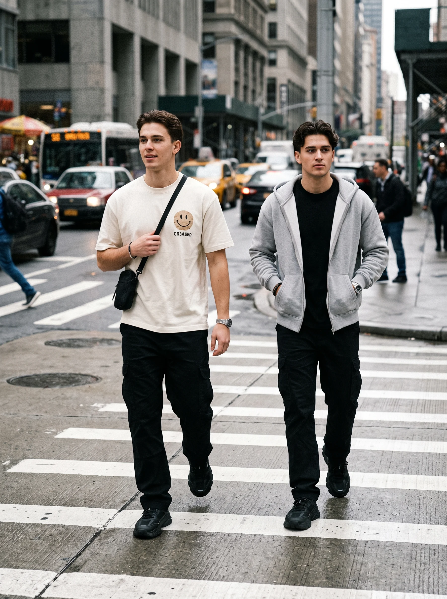 Two models mid-stride on a zebra crossing in Bone and Heather pieces