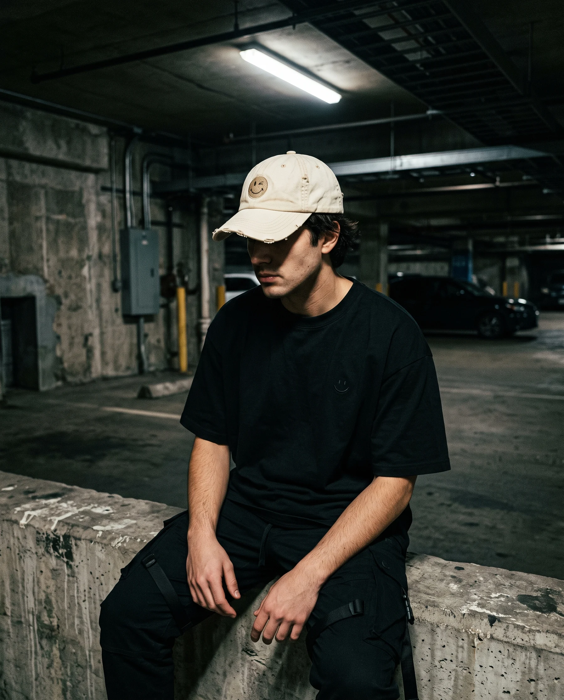 Model sitting on a concrete ledge in an underground garage wearing the distressed Bone Crumb Cap with a black tee