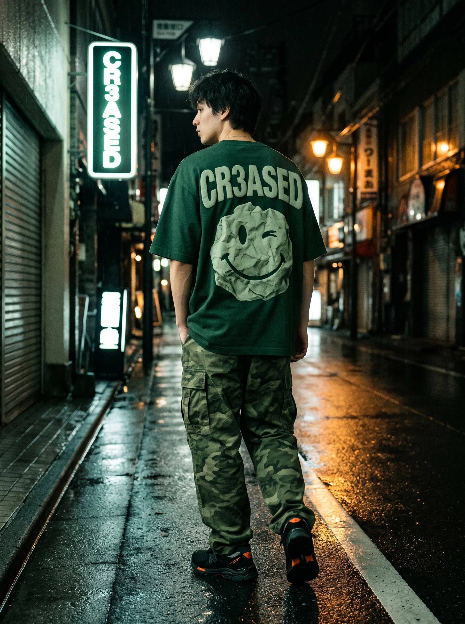 Model seen from behind under a neon CR3ASED sign, wearing the Forest Puff Logo Tee and Camo Cargo