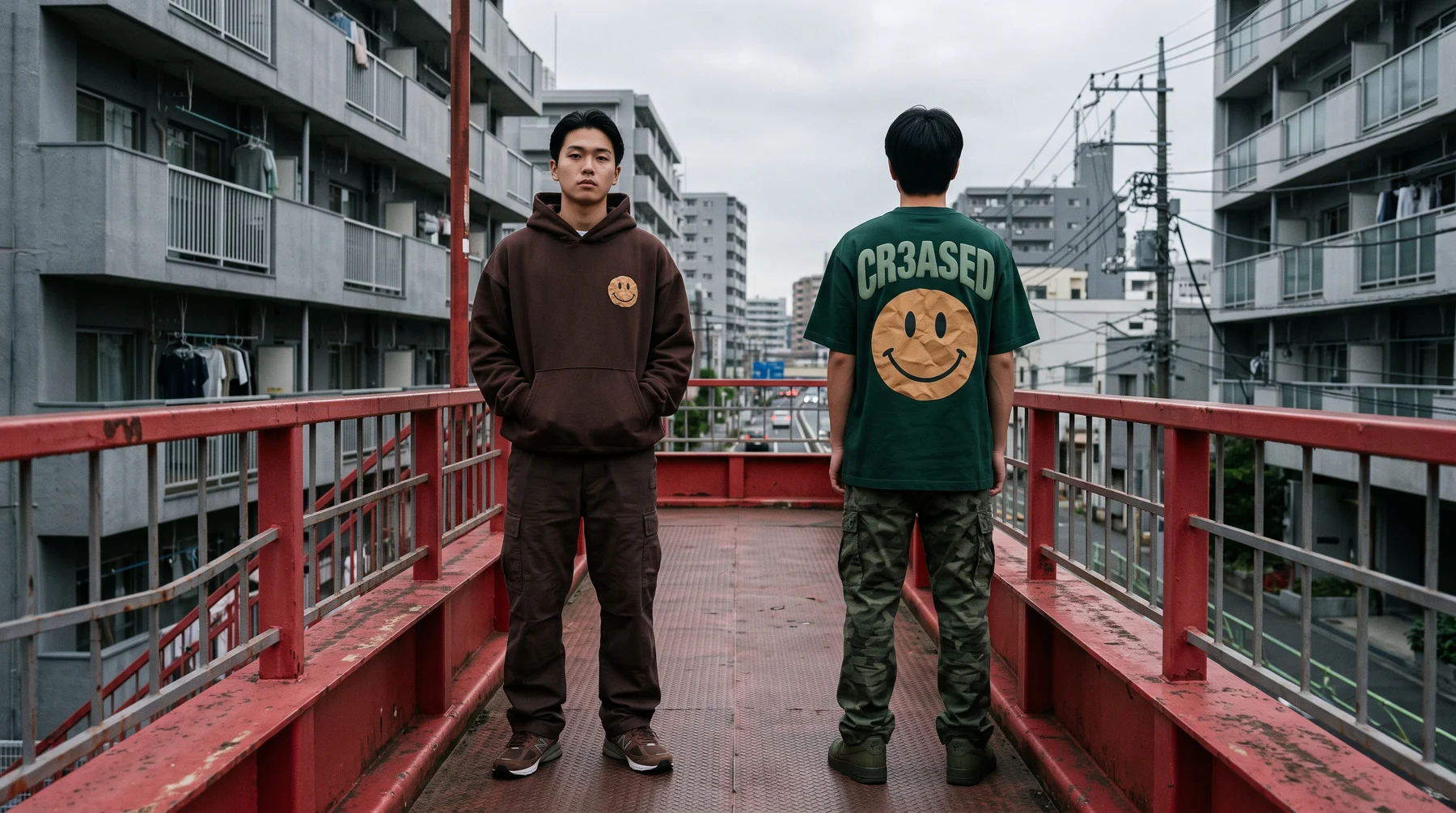Two friends talking on a red pedestrian overpass, one in the Mocha hoodie, one showing the Forest tee back graphic