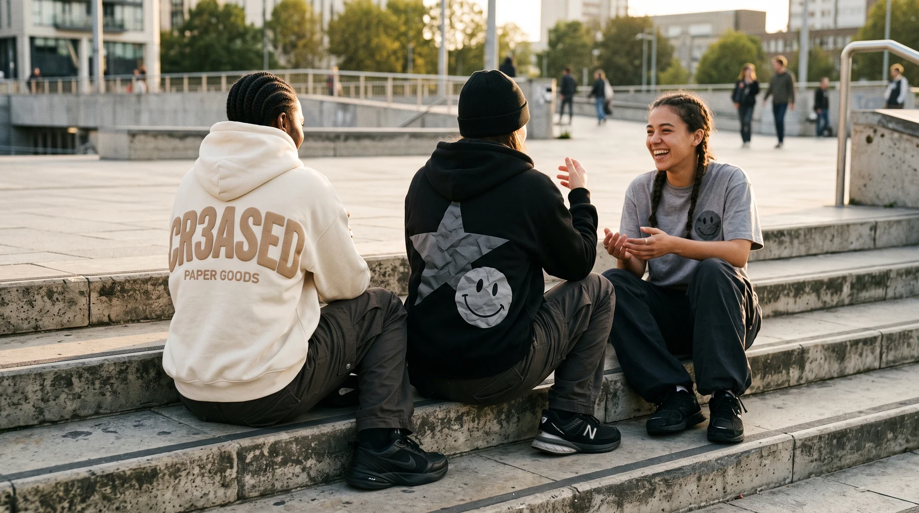 Three friends laughing on concrete plaza steps at golden hour, backs showing Bone, Ink and Heather graphics