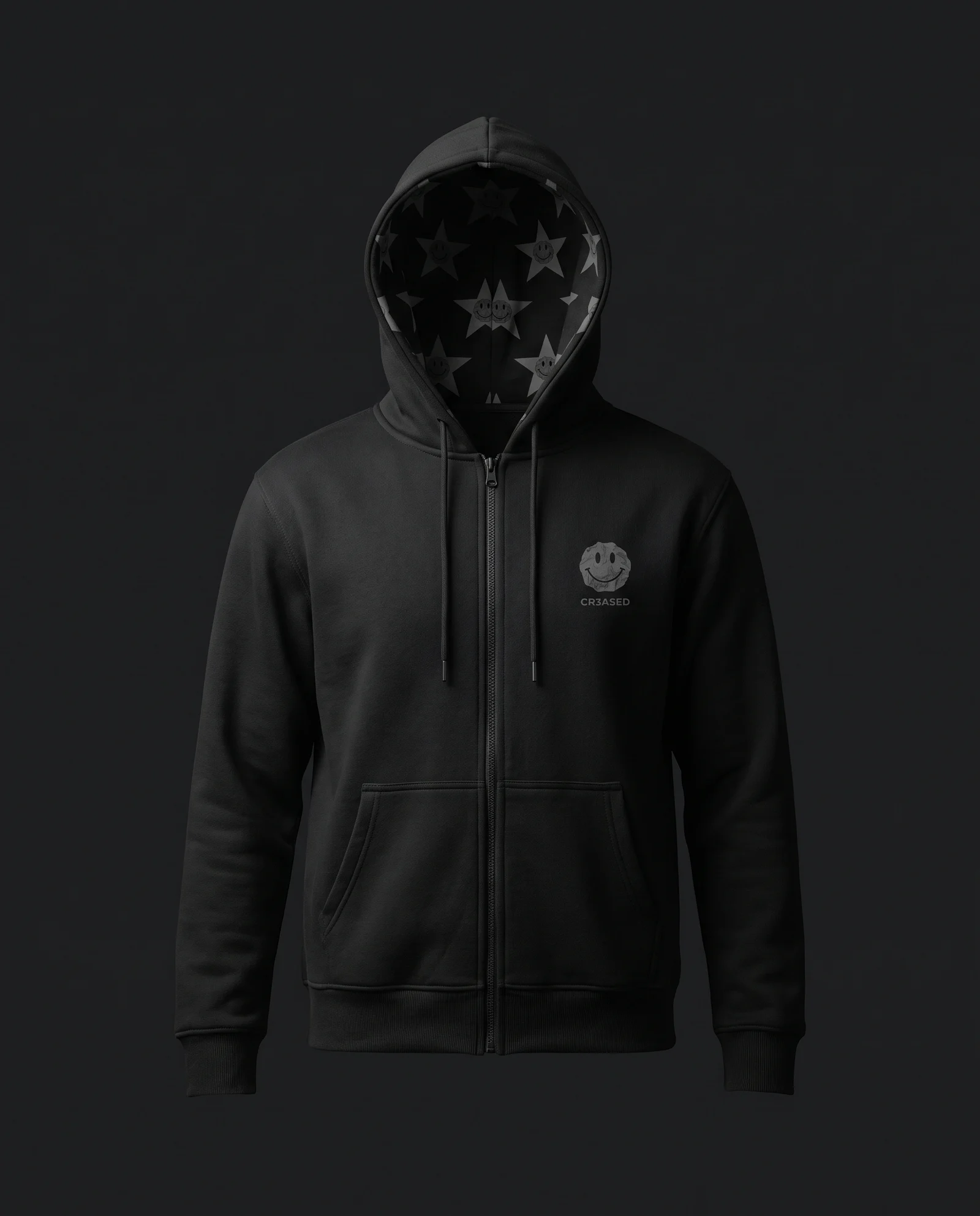 Star-Face Zip Hoodie — Ink, front