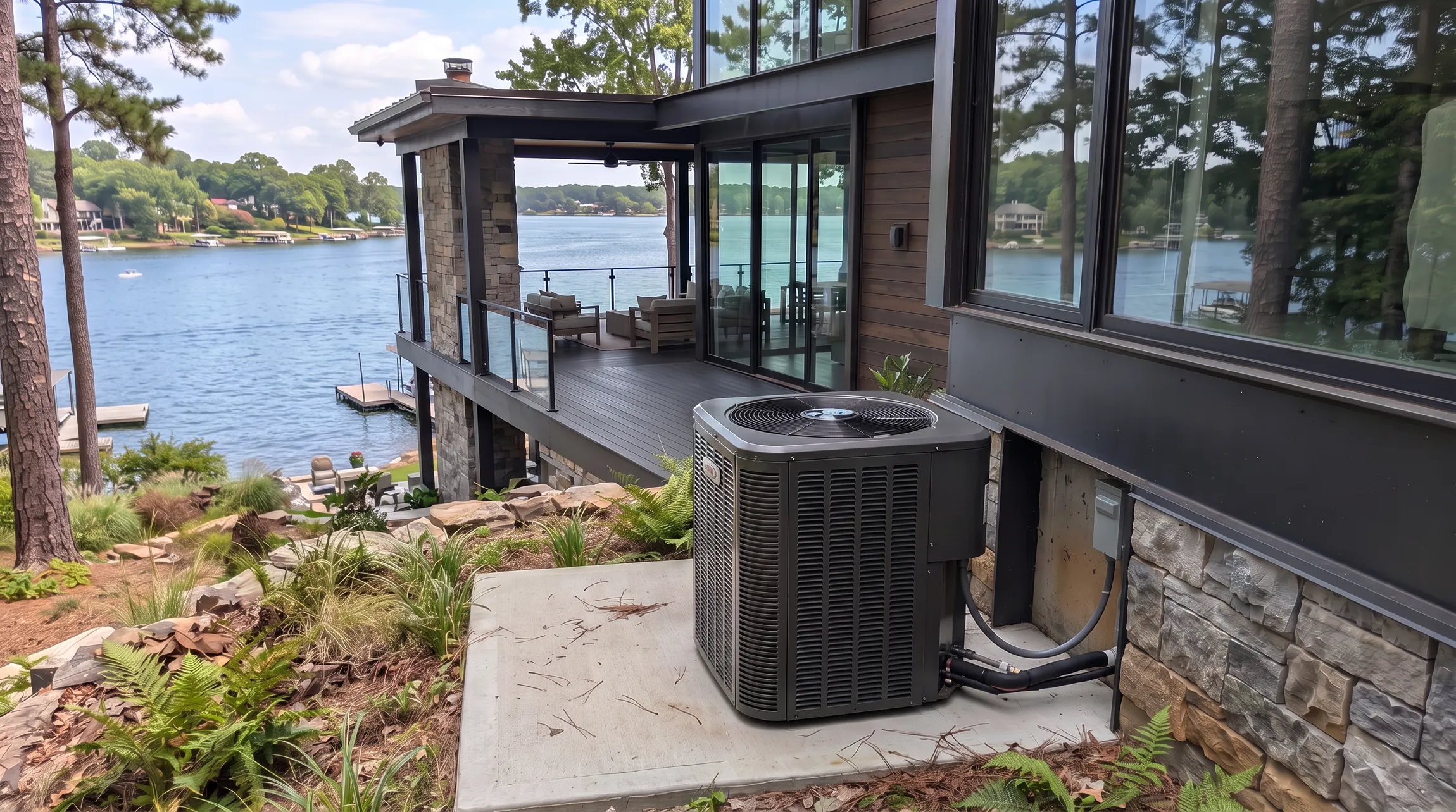 After: a new high-efficiency condenser on a level pad with clean line-set routing at the same lakefront home.