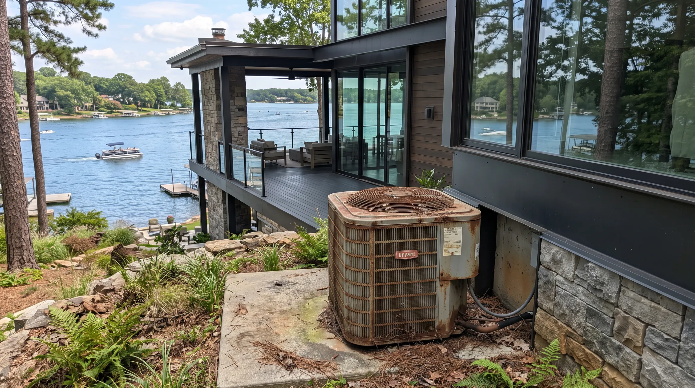 Before: a heavily rusted condenser unit on a cracked pad beside a lakefront home.