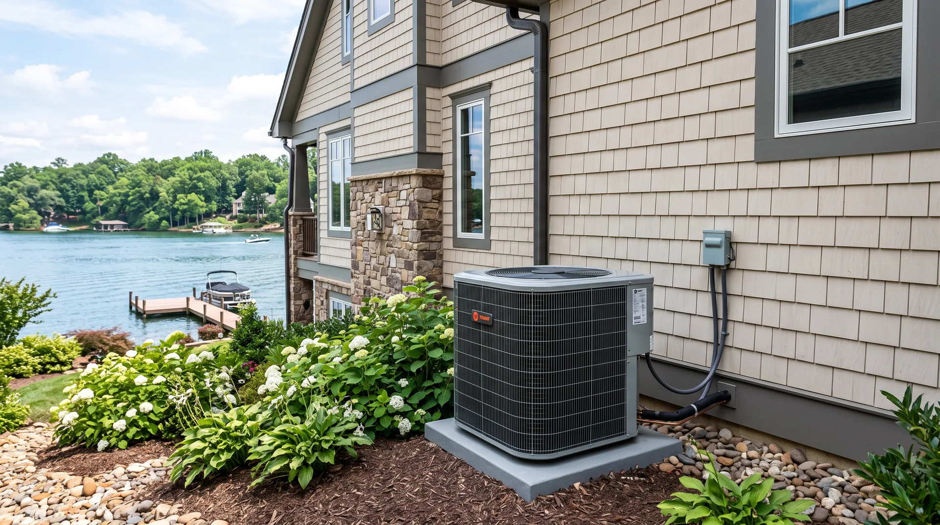 The Kingfisher Comfort Co. homepage: a lakefront house at dusk behind a navy and ember heating-and-air masthead.