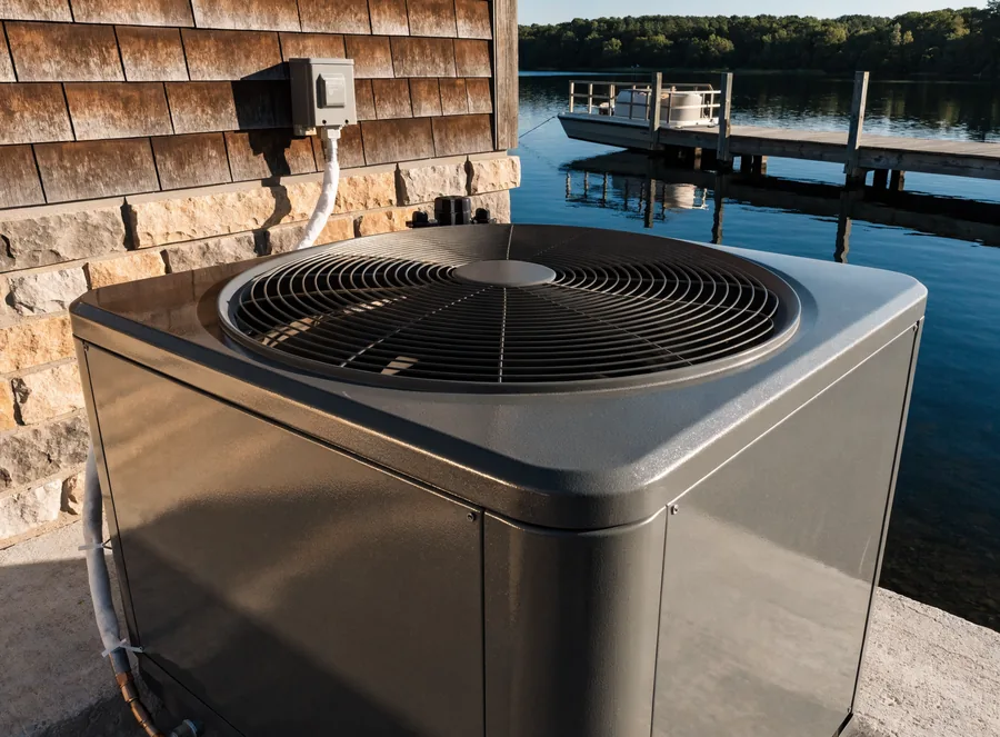 A new outdoor condenser unit on a level concrete pad beside a shingle-and-stone lakefront home, with a dock and pontoon boat on the water behind it.