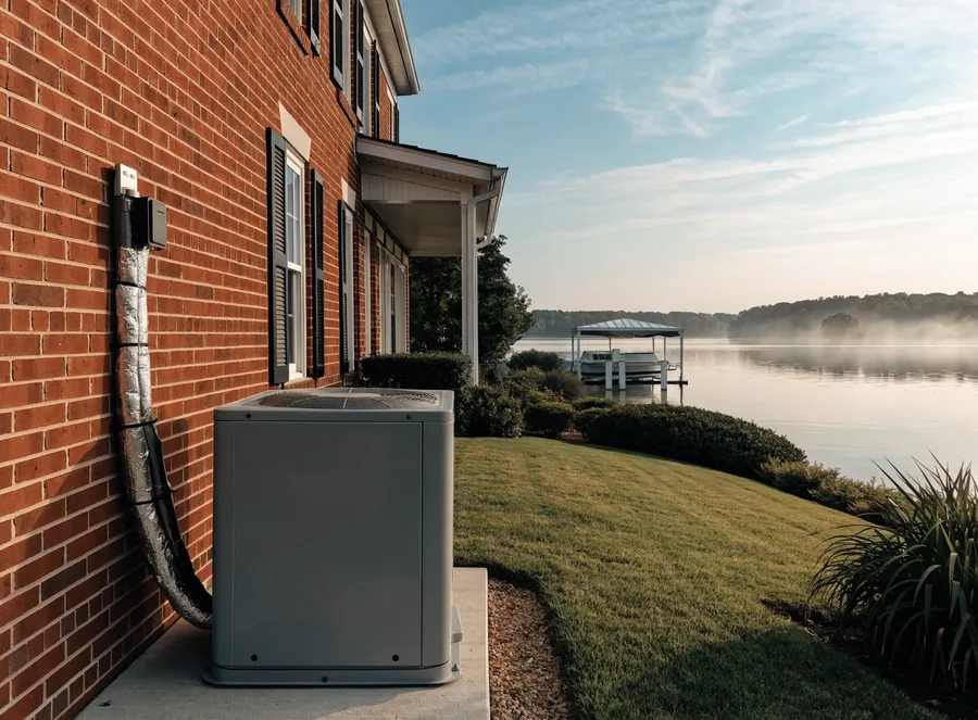 A brand-new condenser unit on a concrete pad against the brick wall of a traditional Southern lake house, lawn running down to a covered boat lift.