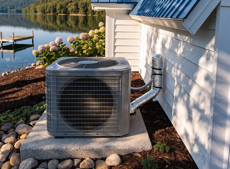 A new condenser unit set on a pad in a river-rock bed beside a white cottage-style lake house with a blue metal roof.