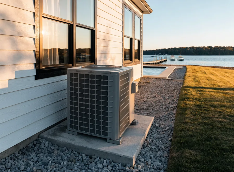 A newly installed condenser unit against the white board-and-batten siding of a modern farmhouse lake home, pool and dock beyond.