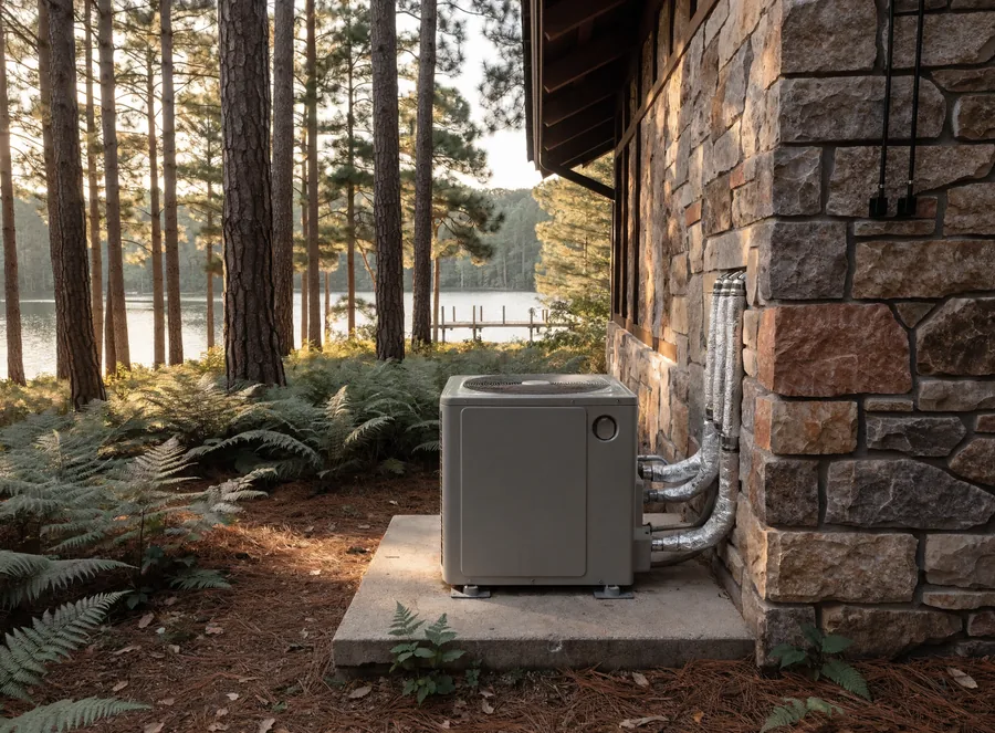 A new condenser unit on a raised pad beside a stone-and-timber lodge-style lake home on a wooded shoreline.