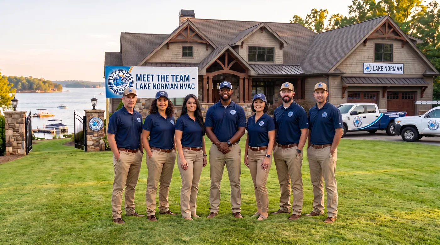 The Kingfisher Comfort Co. team standing together in navy polo shirts and caps in front of a lakefront home and a company truck.
